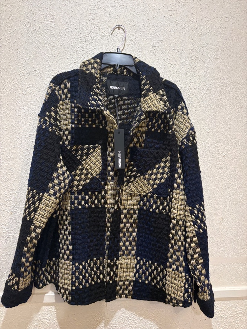 Fashion Nova Navy and Cream Checked Utility Jacket
